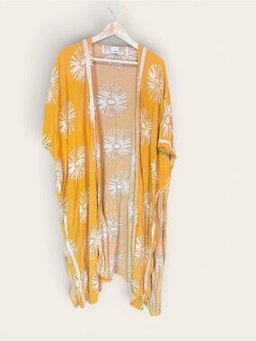 Sonoma Goods For Life Mustard Yellow Daisy Floral Lace Trim Kimono Cover Up